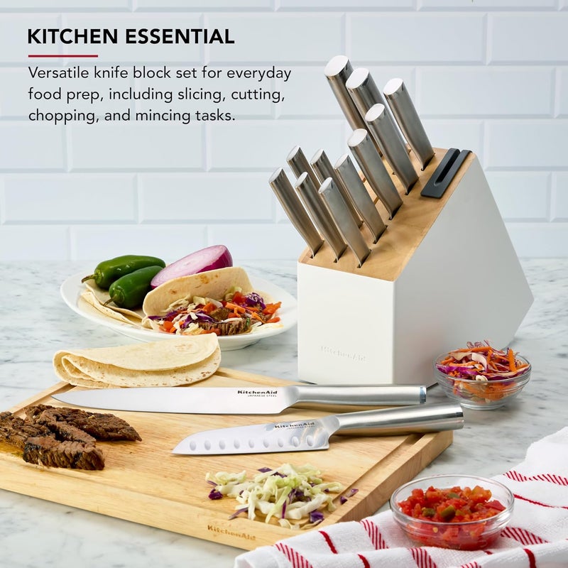 KitchenAid Slim Two-Tone Knife Block Set with Built-In Knife Sharpener, High Carbon Stainless Steel Kitchen Knives, Sharp Kitchen Knife Set with Block, 14-Piece, White - Image 2